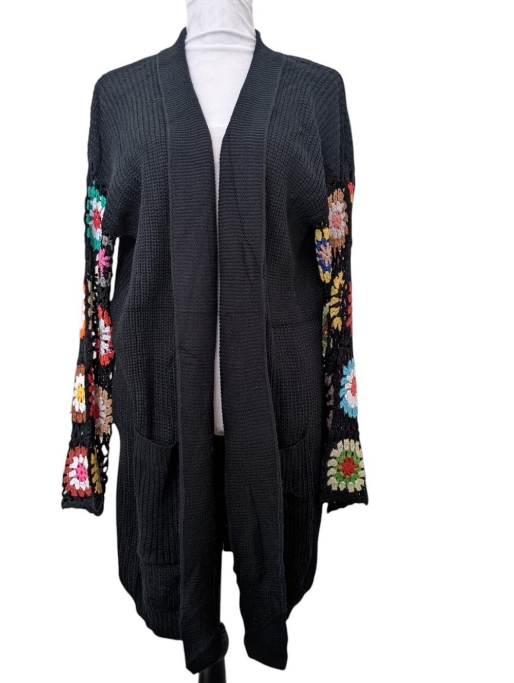 Black Long Cardigan Sweater Afghan Square Sleeves Cable Knit Cottagecore Size PS